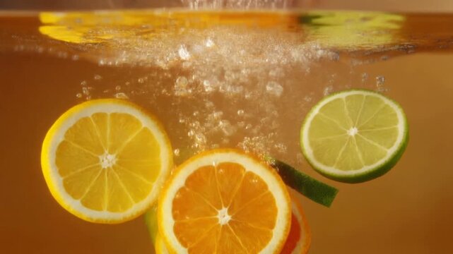 Fresh citrus slices of lemon, orange, and lime splashing into a clear liquid, creating bubbles and ripples.