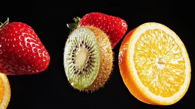 A row of fruit slices orange strawberry kiwi  orange on a dark backdrop lit brightly