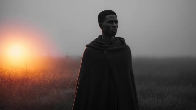 Solitary Figure in Mist: A lone figure, cloaked in contemplation, stands in a misty field under an atmospheric sky, embodying introspection and serene solitude.