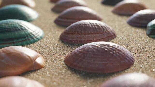 Seashells on Sand: Capturing the beauty of nature, various seashells of different colors and textures are laid out on sandy ground. A perfect symbol of seaside calm.