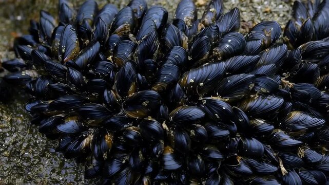 Coastal Clump: A close-up view of a dense cluster of mussels clinging to a weathered rock, highlighting the textures and hues of the intertidal zone, in this nature's marine life image.