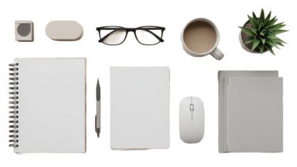 Flat lay workspace setup on transparent background