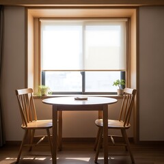 Fototapeta premium Calm Morning Dining Setup with Wooden Table and Chairs by Sunlit Window in Cozy Home Interior View