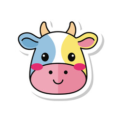Fototapeta premium Cute Cartoon Cow Head Sticker with Colorful Patches and Cheeks.
