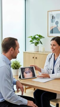 Doctor woman showing man image of scalp, explaining baldness or hair loss treatment with tablet, clinic discussion for trichology procedure. Vertical video