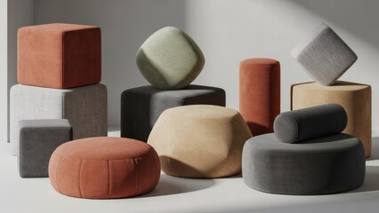 Collection of Modern Modular Velveteen Poufs and Ottomans in Earth Tone Palette