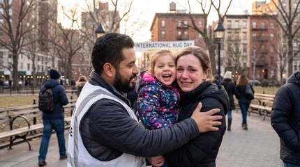 Volunteer hugging mother daughter child laughing celebrating free hugs campaign International Hug Day January family joy connection warmth