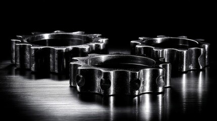 Abstract Arrangement of Polished Aluminum Sprockets, Industrial Mechanical Components with Reflective Surfaces