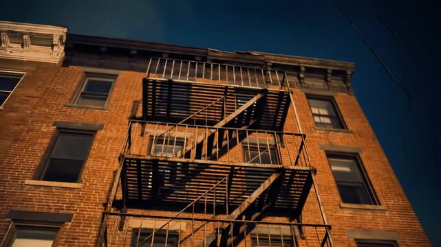 A dimly lit, red brick apartment building with metal fire escapes on each floor at night