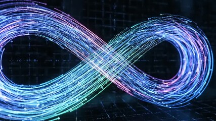 Abstract animation of a glowing infinity symbol formed by colorful flowing particles on a dark digital grid background - Powered by Adobe