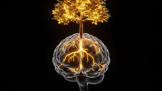 A glowing tree grows out of a transparent human brain, symbolizing knowledge and growth, against a dark background, viewed from the front