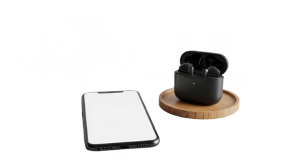 Wireless earbuds with phone and charger on transparent background