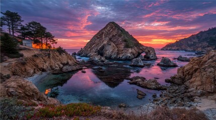 Naklejka premium Dramatic coastal landscape features rugged rock formations during a vibrant sunset