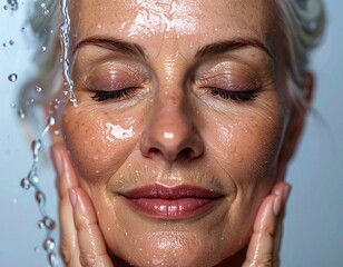 Transparent Water Droplets on Senior Model's Face After Washing