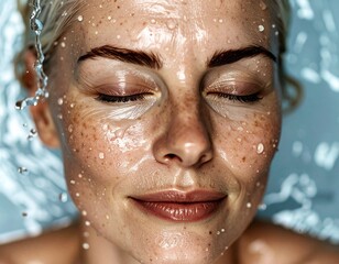 Vibrant Senior Beauty Portrait Under Refreshing Water Stream