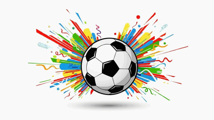 A colorful illustration of a soccer ball surrounded by vibrant paint splatters and confetti
