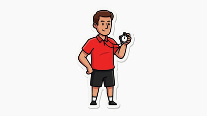 Obraz premium A cartoon man holding a stopwatch in a red shirt and black shorts