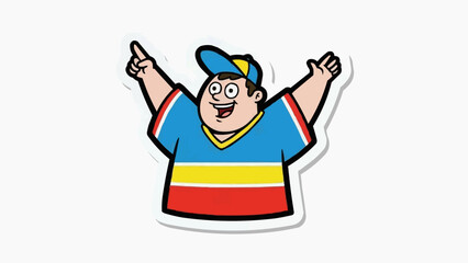 A cheerful cartoon man in a colorful outfit with his arms raised in excitement