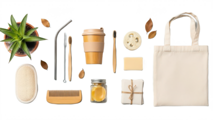 Eco friendly lifestyle items on transparent background