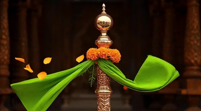Traditional Gudi Padwa Gudi Decoration with Kalash and Flowers Celebrating Marathi New Year