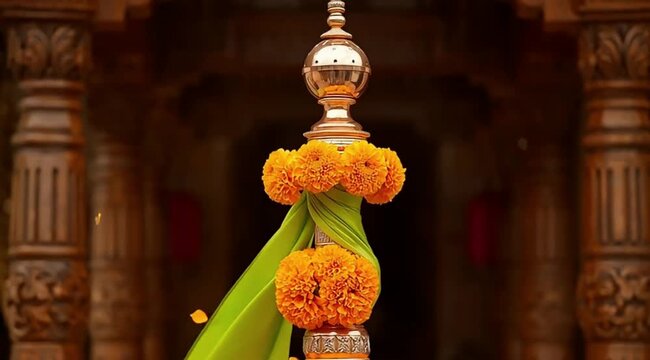 Traditional Gudi Padwa Gudi Decoration with Kalash and Flowers Celebrating Marathi New Year