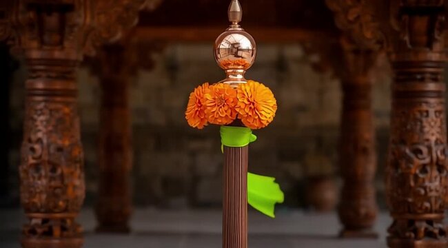 Traditional Gudi Padwa Gudi Decoration with Kalash and Flowers Celebrating Marathi New Year