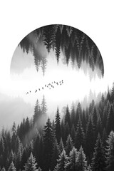 Black white forest landscape with mirrored pine trees dissolving into mist and silence. Mystical foggy forest with circular symmetry and flying birds. Concept of solitude, freedom and mental clarity