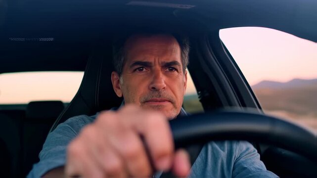 stressed driver navigating unpredictable road conditions, focused expression showcases the pressure of driving in challenging environments