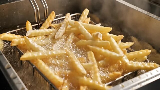 Bubbling oil in a metal deep fryer with a stainless steel frying basket handle visible on the left
