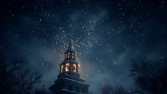 Ancient Clock Tower Under Starry Night Sky With Snow Covered Trees