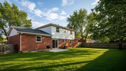 Simple and modest the rear view of a 1980's style red brick ranch house with white siding and a large backyard