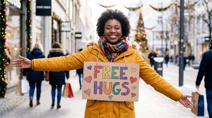 Woman volunteer holding colorful free hugs sign on shopping street celebrating International Hug Day January festive kindness campaign