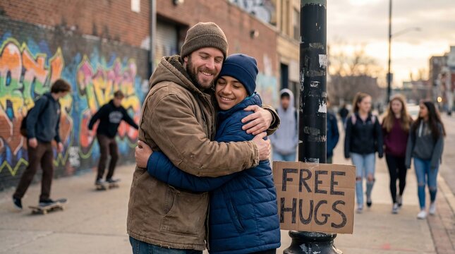 Volunteer embracing teenager on urban street celebrating free hugs campaign International Hug Day January youth connection trust building - Powered by Adobe