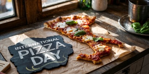 Pizza slice shaped like Italy on table with International Pizza Day sign  