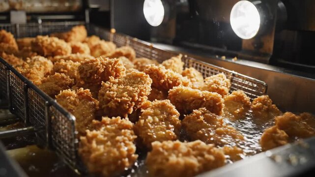 Crispy goldenbrown fried chicken pieces sizzling in hot oil inside a deep fryer seen from an eyelevel perspective