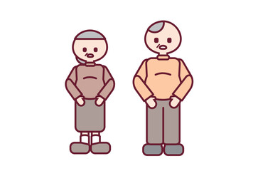 自分のぽっこりお腹を見ている太ったシニアの男女