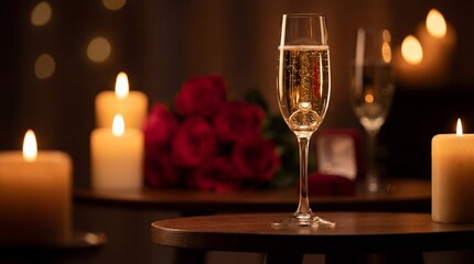 Engagement ring inside champagne glass during romantic candlelight dinner