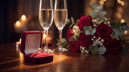 Romantic engagement ring on wooden table with champagne and flowers  