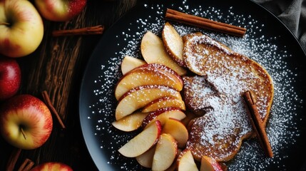 enticing display of cinnamon spiced french toast, adorned with sliced apples and a dusting of powdered sugar on a dark plate