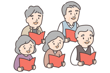 朗読や合唱を楽しむ高齢者5人のイラスト