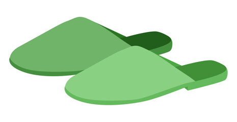 Green slide slipper shoe women flat pair. Closed toe house sandal for home vacation hotel stay. Technical fashion illustration CAD mockup soft vector man unisex isolated contemporary style.
