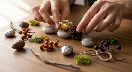 Close-up of hands arranging natural elements like stones, moss, and berries on a wooden surface