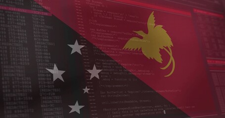Displaying PNG flag motif merging with code on screen, showing gold bird, five stars, terminals