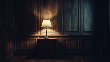 illuminated bedside lamp radiating warmth in a stately room with elaborate wood paneling adding an air of refined elegance and sophistication