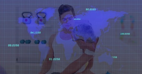 Assessing trainer guiding client at gym, in tank top and shirt, kettlebells and digital map overlay