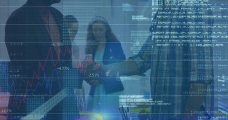 Shaking hands two men in dark suit, plaid shirt closing deal in modern office, charts, code