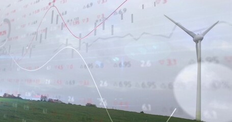 Displaying white wind turbine standing on right of grassy hill with financial charts, copy space