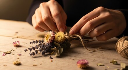 Close-up of hands crafting a floral arrangement on a wooden table with scattered flowers and twine.