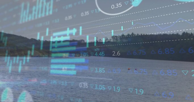 Overlaying translucent financial charts and gauges over calm lake, showing red buoy and treeline - Powered by Adobe