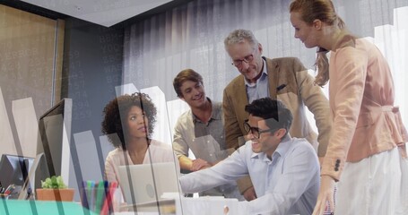 Working five colleagues in business casual studying laptop at office desk, showing data overlay